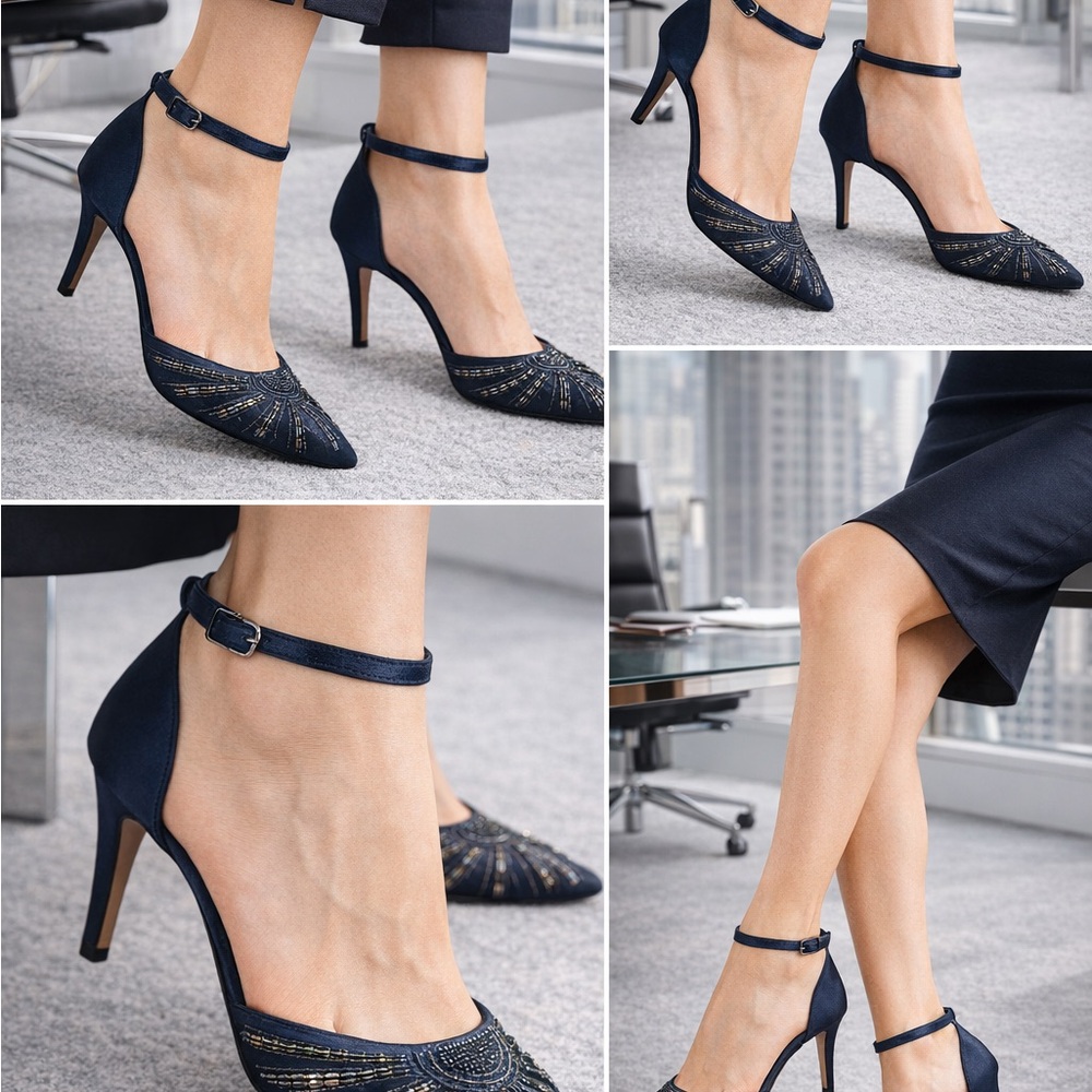 Adrianna Papell Midnight Blue Ankle Strap‎ Heels Sequin Embellishments 9M - Picture 2 of 14